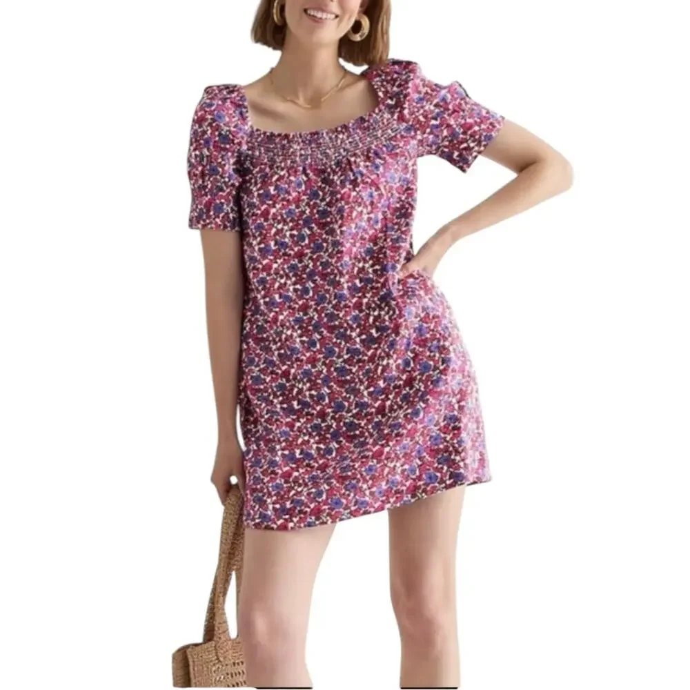 J. Crew Afternoon Linen Short Sleeve Floral Mini Dress XS in Berry Floral